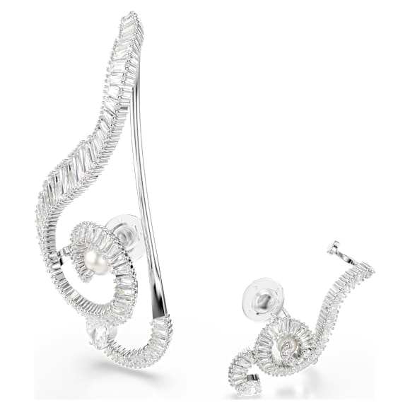 Ariana Grande x Swarovski clip oorbellen, Asymmetrisch ontwerp, Crystal Pearl, Baguette-slijpvorm, Wit, Rodium toplaag - Swarovski, 5720866
