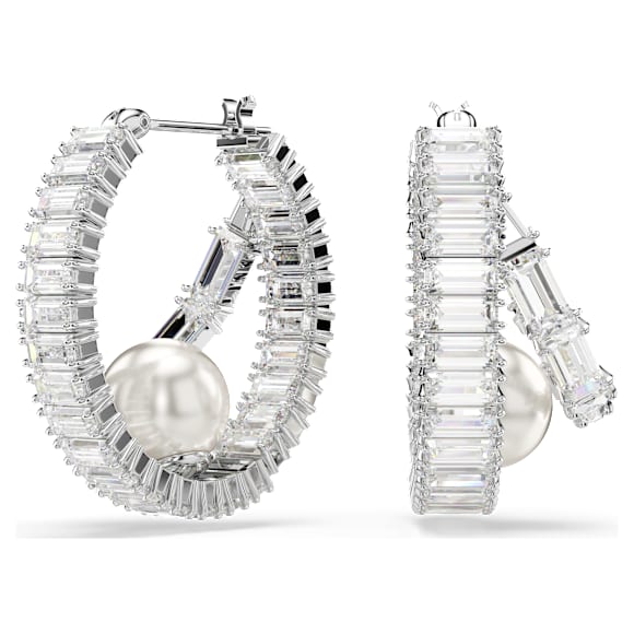 Ariana Grande x Swarovski hoop earrings, Crystal pearl, Baguette cut, White, Rhodium plated - Swarovski, 5720868