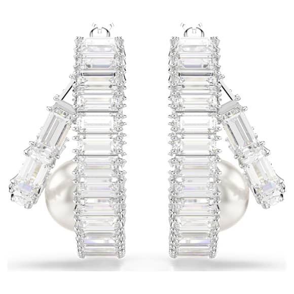 Ariana Grande x Swarovski hoop earrings, Crystal pearl, Baguette cut, White, Rhodium plated - Swarovski, 5720868