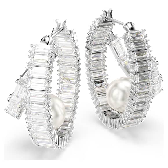 Ariana Grande x Swarovski hoop earrings, Crystal pearl, Baguette cut, White, Rhodium plated - Swarovski, 5720868