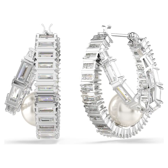 Ariana Grande x Swarovski hoop earrings, Crystal pearl, Baguette cut, White, Rhodium plated - Swarovski, 5720868
