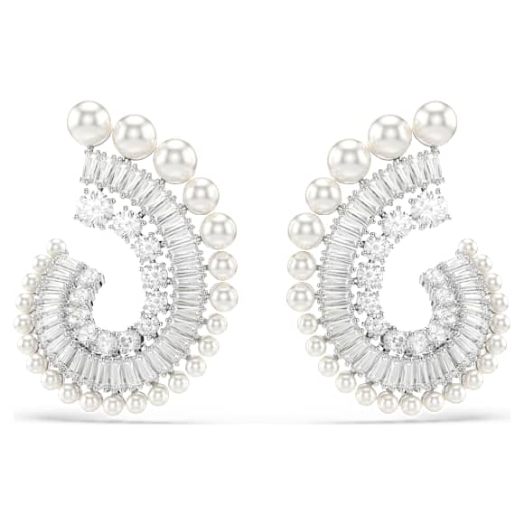 Ariana Grande x Swarovski drop earrings, Crystal Pearl, Mixed cuts, White, Rhodium plated - Swarovski, 5720869