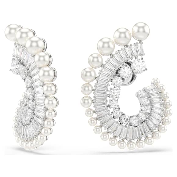 Ariana Grande x Swarovski drop earrings, Crystal Pearl, Mixed cuts, White, Rhodium plated - Swarovski, 5720869