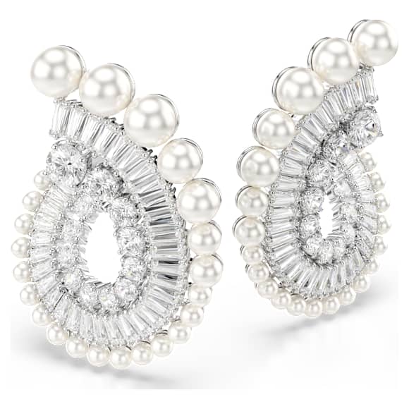 Ariana Grande x Swarovski drop earrings, Crystal Pearl, Mixed cuts, White, Rhodium plated - Swarovski, 5720869