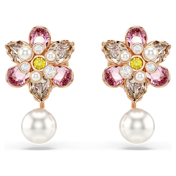 Pendientes ear jacket Idyllia, Perla de cristal, Tallas mixtas, Flor, Multicolores, Baño tono oro rosa - Swarovski, 5722100