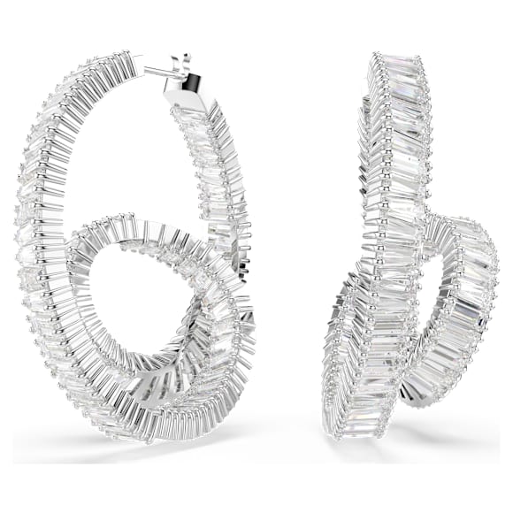 Kruhové náušnice Matrix, Bagetový výbrus, Stuha, Bílá, Pokoveno rhodiem - Swarovski, 5727113