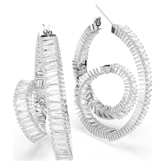 Kruhové náušnice Matrix, Bagetový výbrus, Stuha, Bílá, Pokoveno rhodiem - Swarovski, 5727113