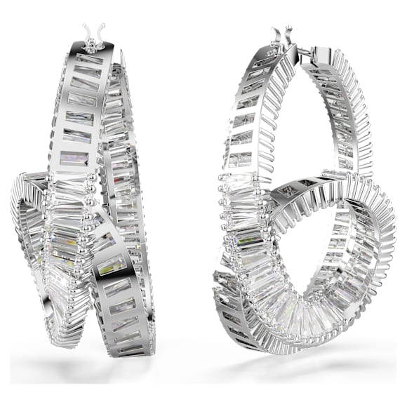 Kruhové náušnice Matrix, Bagetový výbrus, Stuha, Bílá, Pokoveno rhodiem - Swarovski, 5727113