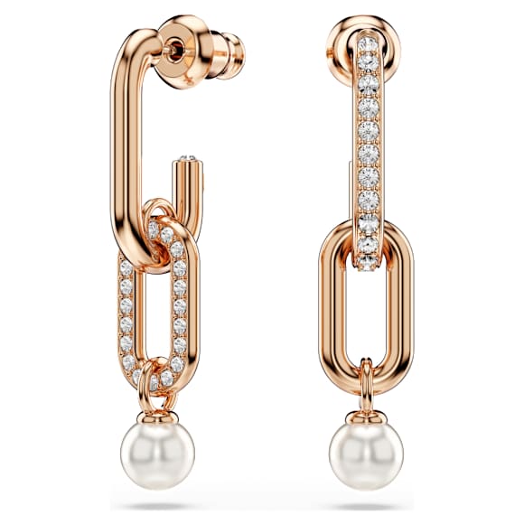 Constella drop earrings, Crystal pearl, Round cut, White, Rose gold-tone plated - Swarovski, 5728585