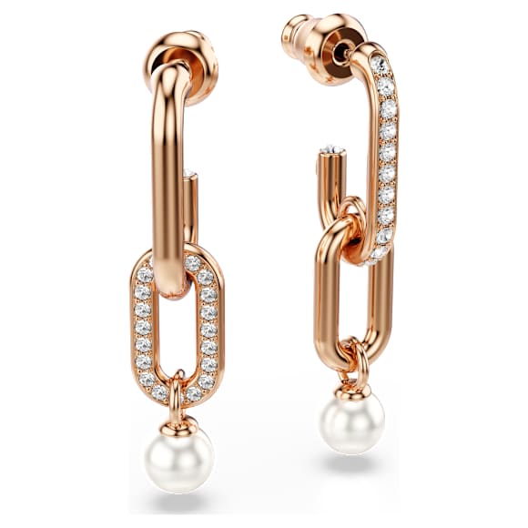 Constella drop earrings, Crystal pearl, Round cut, White, 18K rose gold finish - Swarovski, 5728585