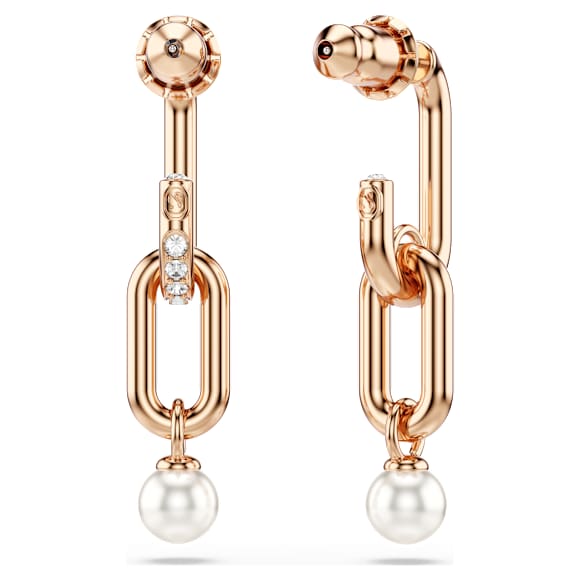 Constella drop earrings, Crystal pearl, Round cut, White, Rose gold-tone plated - Swarovski, 5728585
