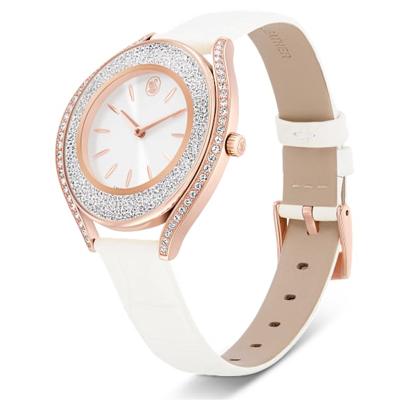Crystalline aura watch, Swiss Made, Leather strap, White, Rose gold-tone finish - Swarovski, 5730146
