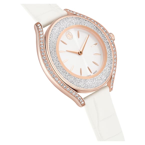 Crystalline aura horloge, Swiss Made, Lederen band, Wit, Roségoudkleurige afwerking - Swarovski, 5730146
