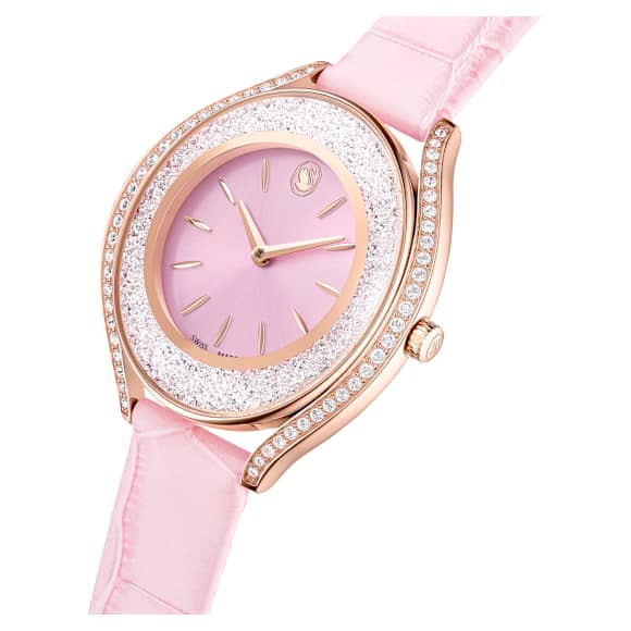 Crystalline aura watch, Swiss Made, Leather strap, Pink, Rose gold-tone finish - Swarovski, 5730150