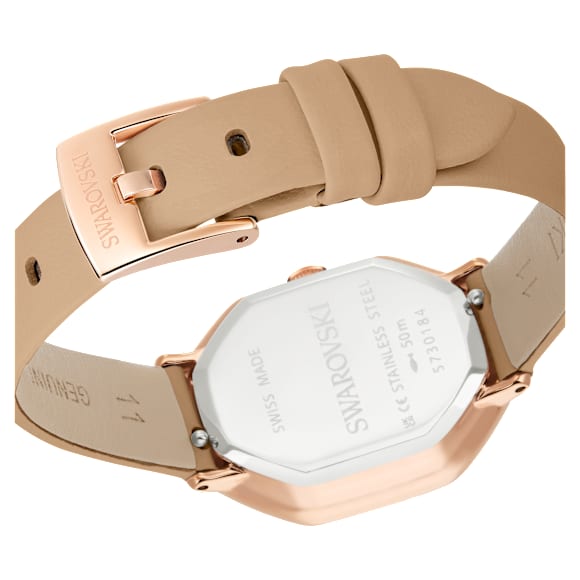 Montre Dextera octagon, Fabriqué en Suisse, Bracelet en cuir, Marron, Finition or rose - Swarovski, 5730184