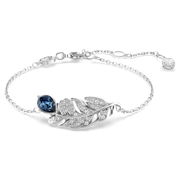 Idyllia armband, Verschillende slijpvormen, Veer, Blauw, Rodium toplaag - Swarovski, 5730359