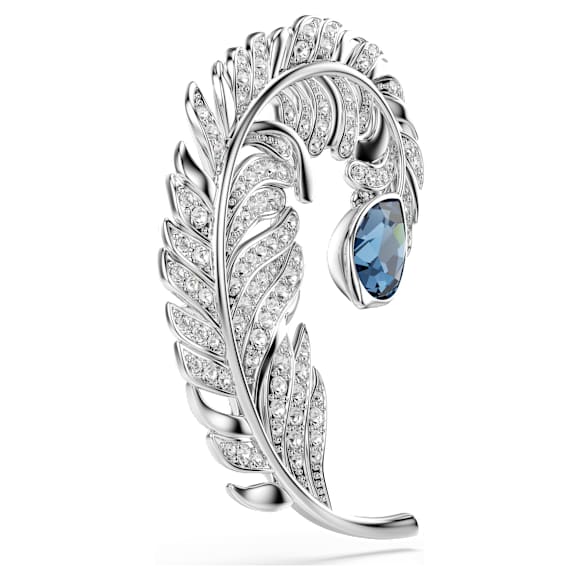 Broche Idyllia, Tallas mixtas, Pluma, Azul, Baño de rodio - Swarovski, 5730360