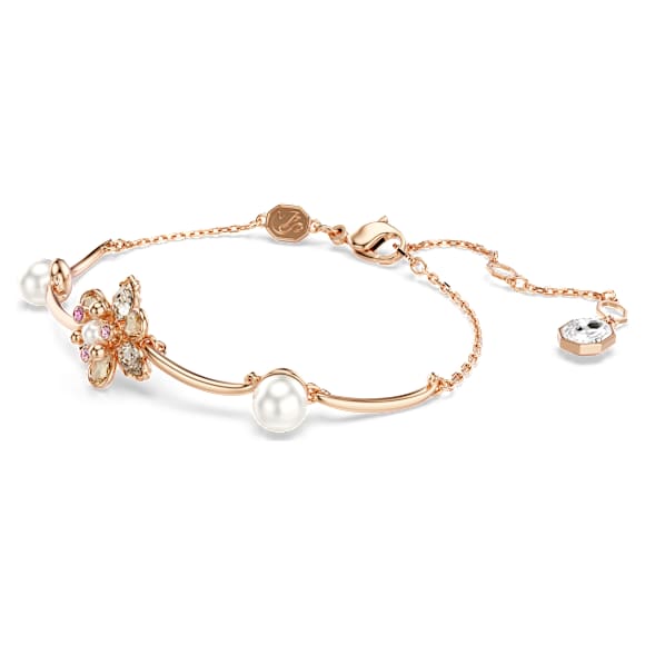 Idyllia 手链, 仿水晶珍珠, 混合切割, 花朵, 流光溢彩, 镀玫瑰金色调 - Swarovski, 5730361