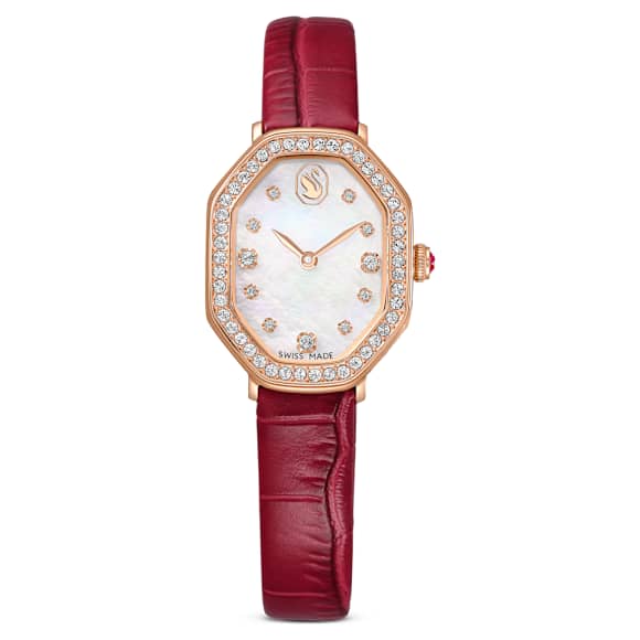 Dextera octagon watch, Swiss Made, Leather strap, Red, Rose gold-tone finish - Swarovski, 5730373