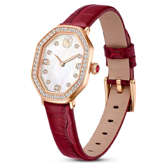 Dextera octagon watch, Swiss Made, Leather strap, Red, Rose gold-tone finish - Swarovski, 5730373