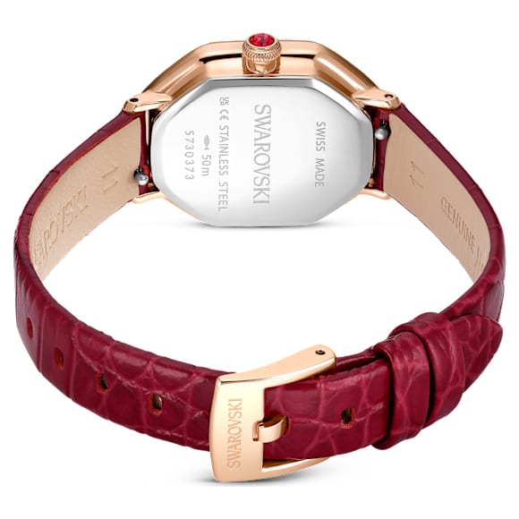 Dextera octagon watch, Swiss Made, Leather strap, Red, Rose gold-tone finish - Swarovski, 5730373
