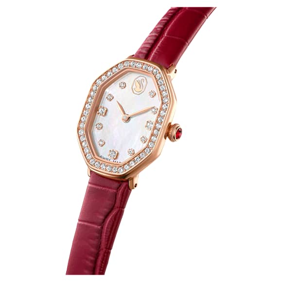 Dextera octagon watch, Swiss Made, Leather strap, Red, Rose gold-tone finish - Swarovski, 5730373