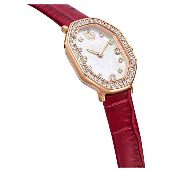 Dextera octagon watch, Swiss Made, Leather strap, Red, Rose gold-tone finish - Swarovski, 5730373