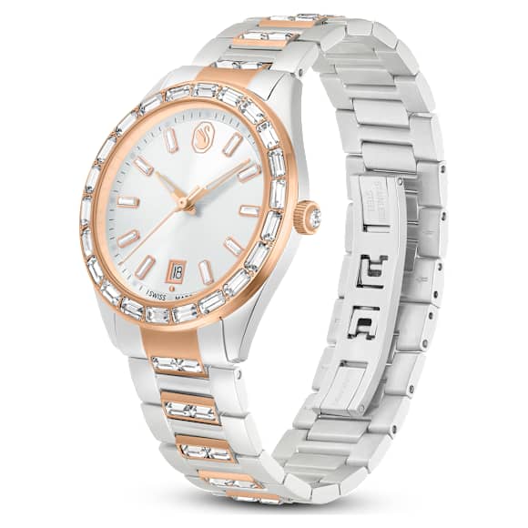 Matrix date watch, Swiss Made, Metal bracelet, Rose gold tone, Mixed metal finish - Swarovski, 5734663