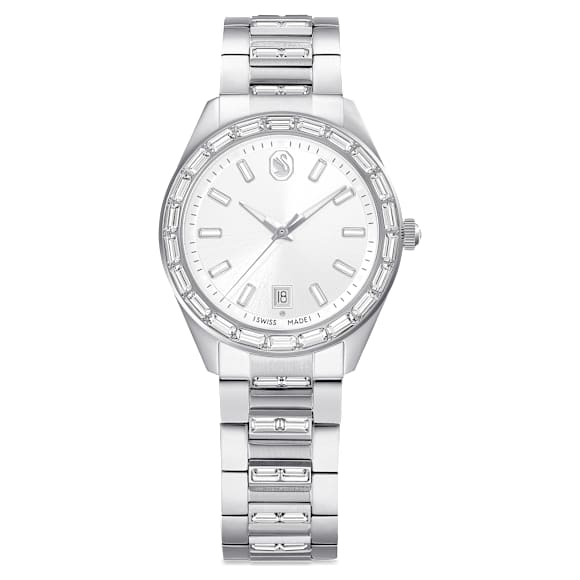 Matrix date watch, Swiss Made, Metal bracelet, Silver Tone, Stainless steel - Swarovski, 5734665