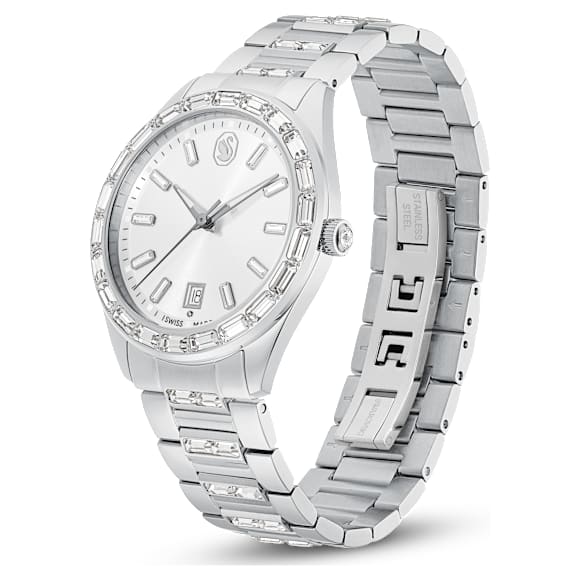 Matrix date watch, Swiss Made, Metal bracelet, Silver Tone, Stainless steel - Swarovski, 5734665