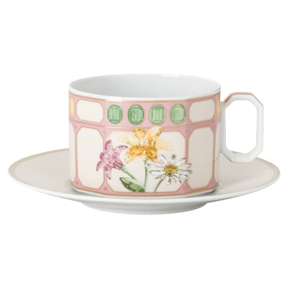 Šálek na čaj s podšálkem Idyllia, Porcelán, Motiv potisku křišťálu, kytice, Vícebarevný - Swarovski, 5735524