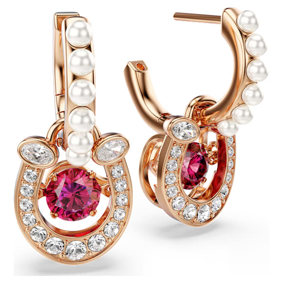 Symbolica Oorhangers, Crystal pearl, Round-slijpvorm, Pavé, Hoefijzer, Rode, 18k roségouden afwerking - Swarovski, 5736979