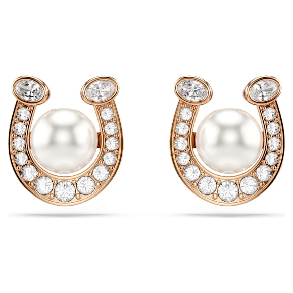 Symbolica stud earrings, Crystal pearl, Pavé, Horse shoe, White, 18K rose gold finish - Swarovski, 5736980