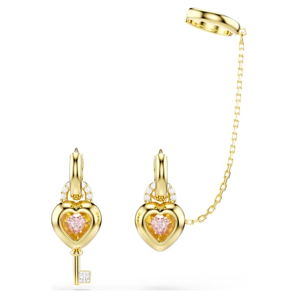 Idyllia drop earrings with ear cuff, Mixed cuts, Heart with key, Pink, Gold-tone plated - Swarovski, 5737294