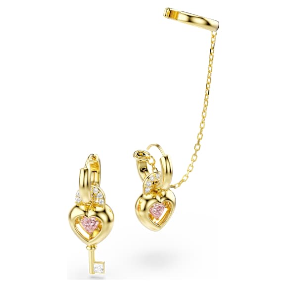 Idyllia Kelepçe küpeli damla küpe, Karışık kesimler, Anahtarlı kalp, Pembe, Altın rengi kaplama - Swarovski, 5737294