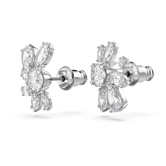 Mesmera stud earrings, Mixed cuts, Flower, White, Rhodium plated - Swarovski, 5737462