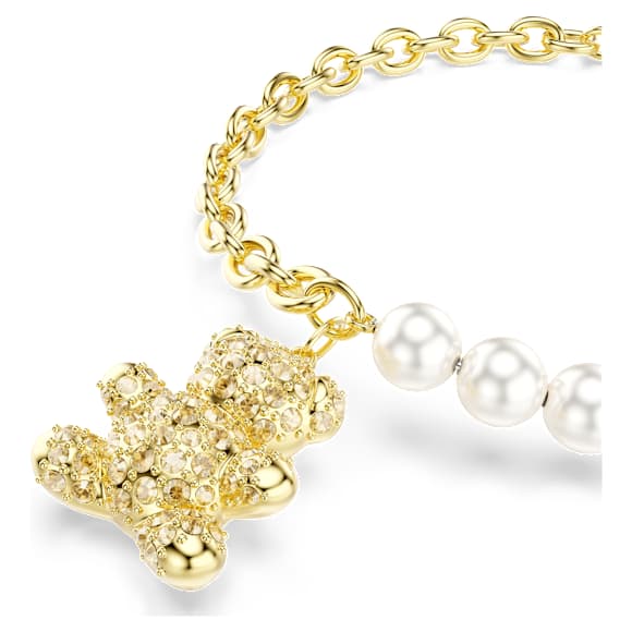 Brățară Idyllia, Perlă de cristal,Tăietură rotundă, Urs de pluș, Nuanță aurie, Finisaj din aur de 18k - Swarovski, 5737622