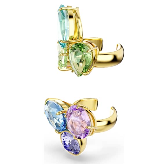 Gema kelepçe küpe, Asimetrik tasarım, Karışık kesimler, Çok renkli, 18k altın rengi yüzey - Swarovski, 5741585