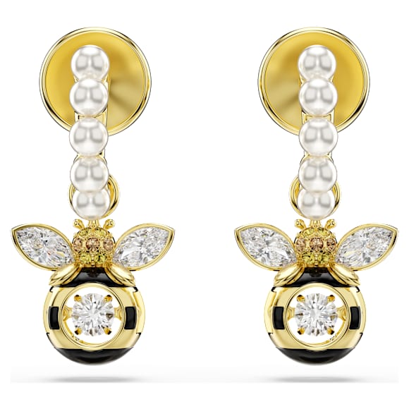 Idyllia drop earrings, Crystal pearl, Mixed cuts, Bee, Multicoloured, 18K gold finish - Swarovski, 5742678