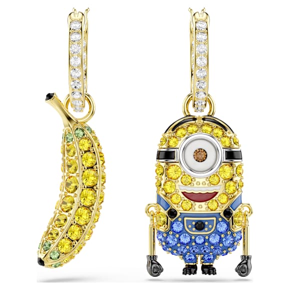 Minions Stuart and Banana drop earrings, Pavé, Mini, Multicolored, 18K gold finish - Swarovski, 5743382