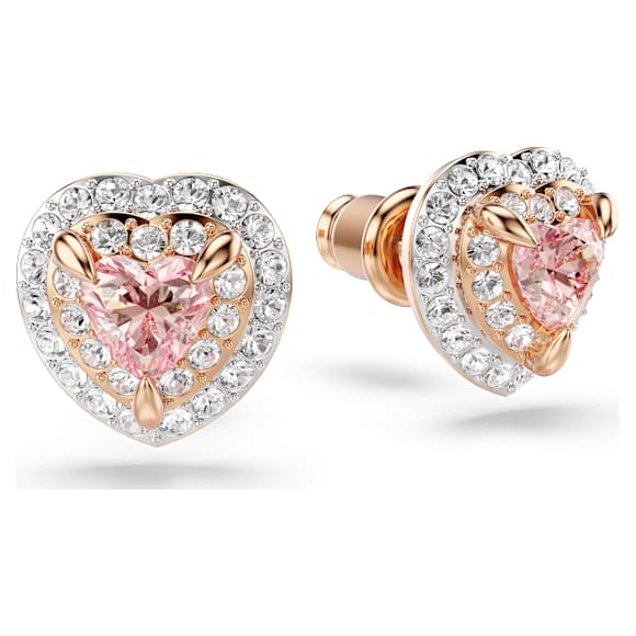One Ohrstecker, Herzschliff, Pavé, Herz, Rosa, 18K Roségoldbeschichtet - Swarovski, 5743572