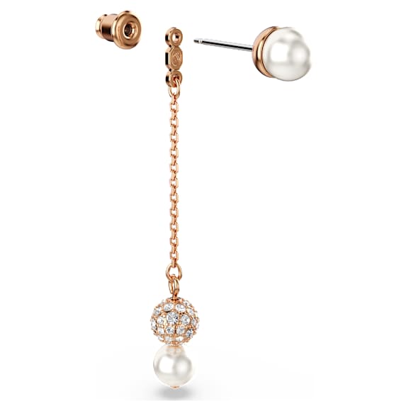 Matrix drop earrings, Crystal pearl, Round cut, White, Rose gold-tone plated - Swarovski, 5743779