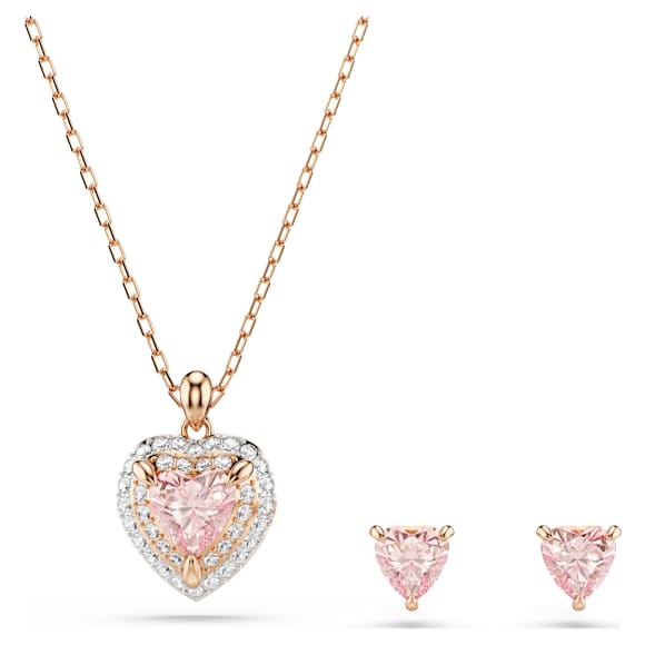 One set, Heart cut, Pavé, Heart, Pink, 18K rose gold finish