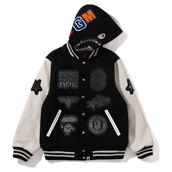 A BATHING APE®シャークフード付きバーシティージャケット, ブラック