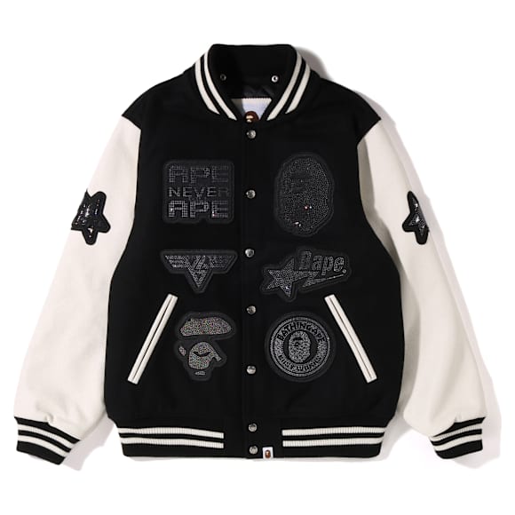 A BATHING APE® Shark Hooded Varsity Jacket, Black and white - Swarovski, 5746770