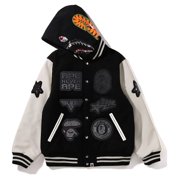 Shark Hooded Varsity Jacket A BATHING APE® Shark, Bianca e nera - Swarovski, 5746771