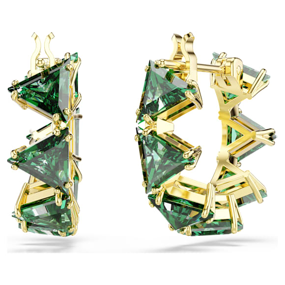 Matrix hoop earrings, Triangle cut, Triangle, Mini, Green, 18K gold finish - Swarovski, 5747007