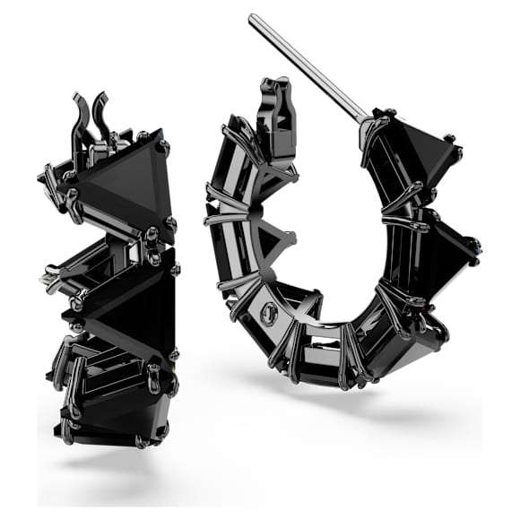 Matrix hoop earrings, Triangle cut, Black, Ruthenium plated - Swarovski, 5747008