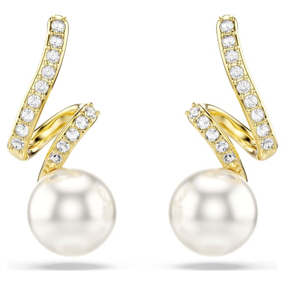 Gabriella 穿孔耳環, 水晶珍珠, 圓形切割, 白色, 鍍金（金色飾面） - Swarovski, 5754386