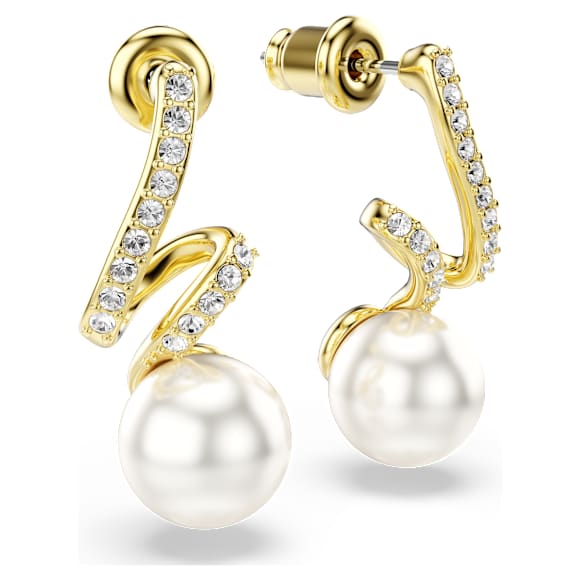 Gabriella earrings, Crystal pearl, Round cut, White, 18K gold finish - Swarovski, 5754386